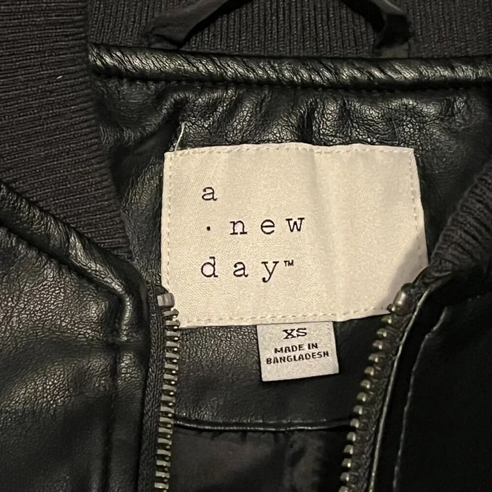 A New Day Black Faux Leather Raylon Bomber Jacket Size XS - Picture 2 of 6